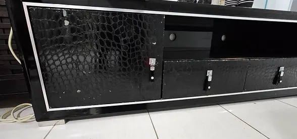 Black low TV cabinet with crocodile-pattern doors.