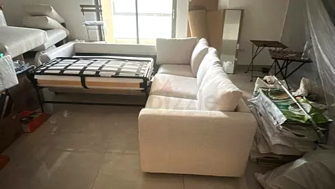 Beige corner shape pull out sofa bed with mattress