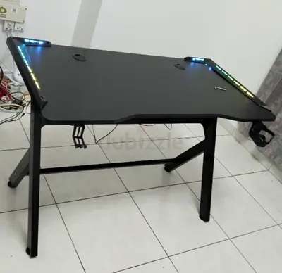 Black RGB Gaming Desk with Cup Holder and Headset Hook - Good Condition