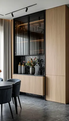 Modern built-in wooden display cabinet with glass doors and marble back