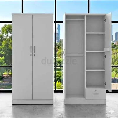 New White 2-Door Wardrobe with Shelves and Drawer