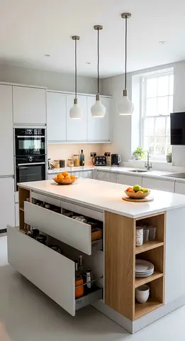 Modern white kitchen island with built-in drawers and shelving