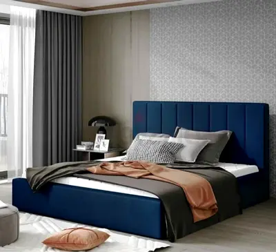 New Modern Upholstered King Size Bed Frame with Padded Headboard - Navy Blue