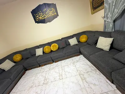 Large L-shaped Grey Fabric Majlis Sofa Set - Comfortable Family Seating