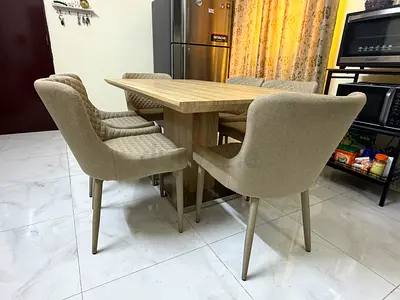 Wooden dining table with 6 upholstered chairs - light oak finish
