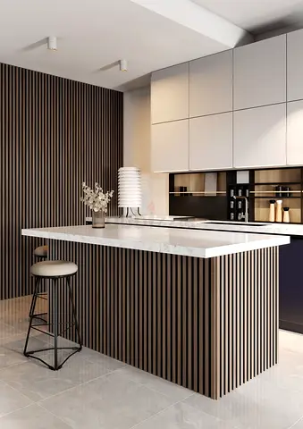 Modern Kitchen Island with Marble Top and Slatted Wood Base