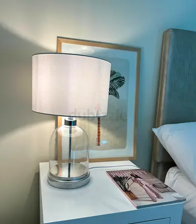 2 x Glass Base Bedside Table Lamp with White Linen Shade