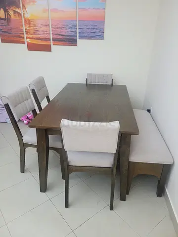 Solid Wood Dining Table with 4 Upholstered Chairs and 1 Bench - Light Beige