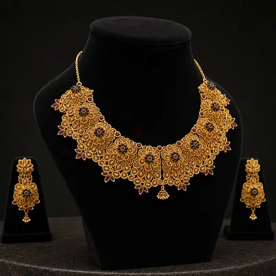 The Zareen Floral Filigree Gold Necklace & Earrings Set