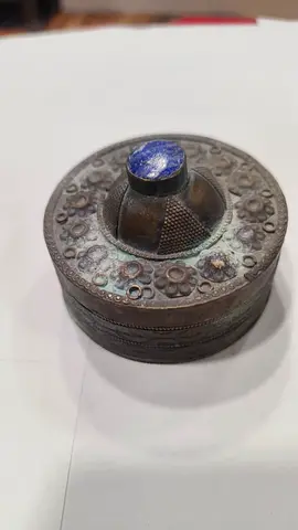 Antique Decorative Metal Trinket Box with Blue Stone 7x5cm