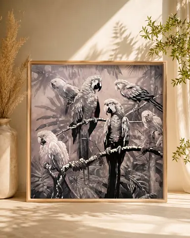 Framed Monochrome Parrot Artwork - Square Wall Art