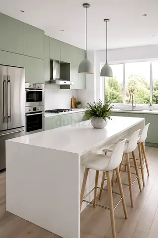 Modern Minimalist Kitchen with Large White Island and Sage Cabinets