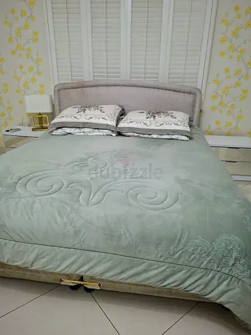 Queen bed with headboard and bedside tables - used, good condition