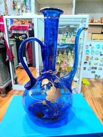 Antique Blue Glass Ewer with Gold Floral Enamel Detailing 35cm height