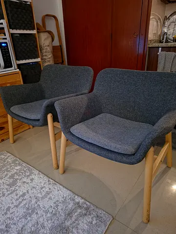 Set of 2 Grey Upholstered Armchairs with Wooden Legs