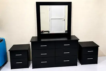 Dark wood dresser with mirror and 6-drawer and 2 bedside cabinets - good condition