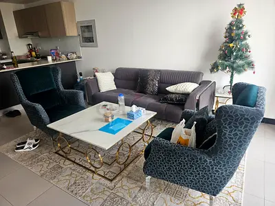3-seater sofa with 2 matching armchairs and marble-top coffee table