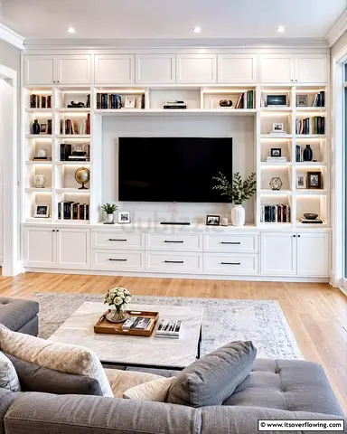 Custom Built-in White Entertainment Center with Shelving