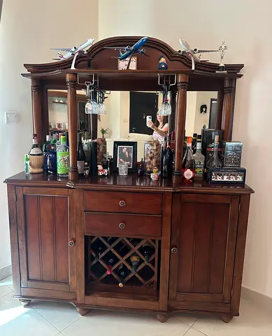 Solid Wood Home Bar Cabinet with Mirror and Wine Rack