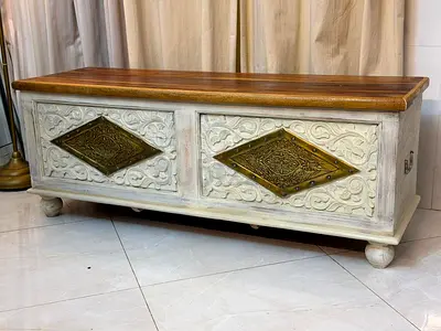 Solid Wood Carved Storage Bench with Brass Inlay - Rustic White Top