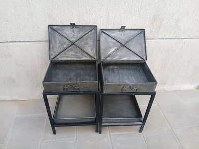 Pair of Industrial Metal Side Tables with Storage Lid