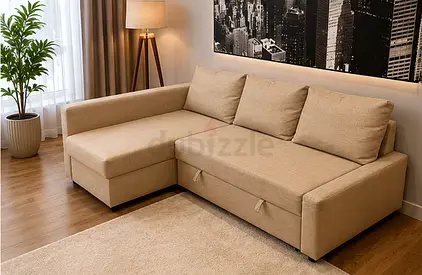 Beige L-shaped Sleeper Sofa Bed with Storage - Good Condition