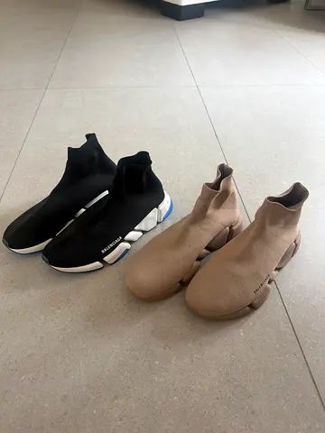 Pair of sock-style slip-on sneakers — black and beige (preowned) size 45