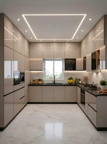 Modern glossy U-shaped kitchen cabinets set - light taupe finish