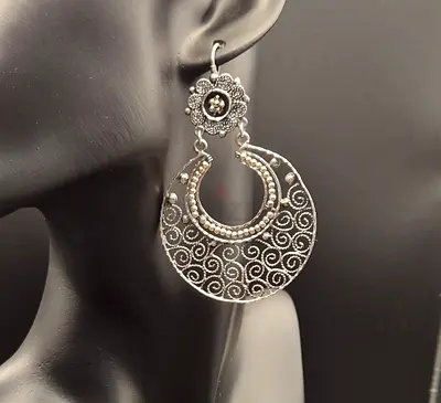 Antique-Style Filigree Silver Drop Earrings - Handmade Look