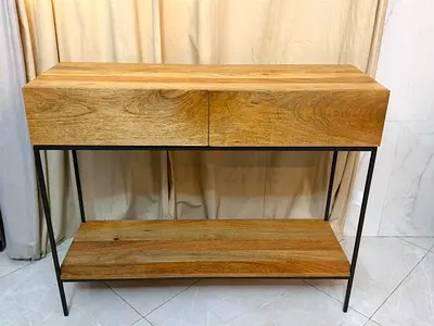 West Elm Solid Wood Console Table with Metal Frame and Lower Shelf