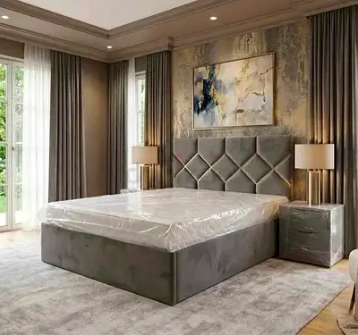 New King-size Upholstered Bed Frame with Headboard and Mattress (Grey)