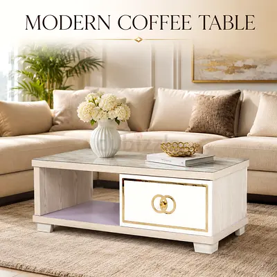 Modern White Coffee Table with 2 Drawers – Living Room Center Table
