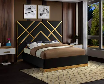 Modern King Size Bed Frame with Geometric Headboard - Black & Gold