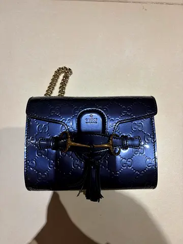 Small Navy Gucci Signature Leather Crossbody Bag with Tassel