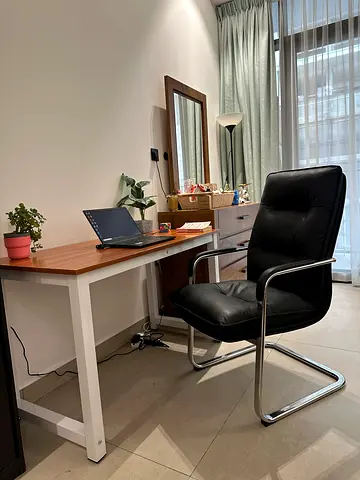 Solid study table & modern black leather office chair comfy