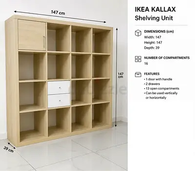 IKEA Kallax 4x4 Shelving Unit with Door and Drawers - Light Wood