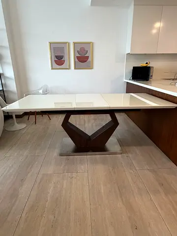 White extendable 6 person Dining Table with Dark Wood Geometric Base