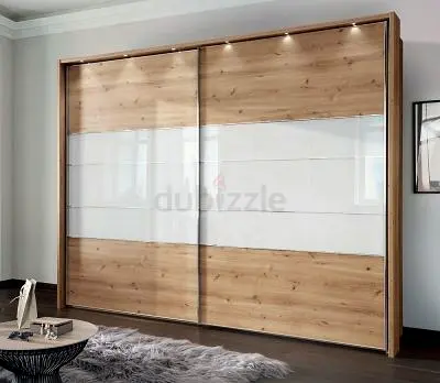 Modern Sliding Door Wardrobe with Wood Finish and White Panels