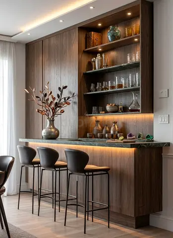 Modern wooden built-in bar cabinet with shelving and marble top