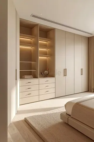 Built-in Wardrobe with Drawers and Shelves — Beige Modern Finish