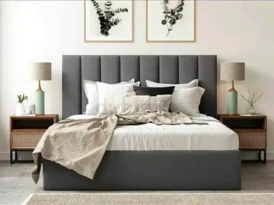 New Modern Upholstered Queen Bed with Padded Headboard - Grey