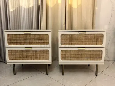 West Elm Pair of White Bedside Tables with Rattan Drawer Fronts