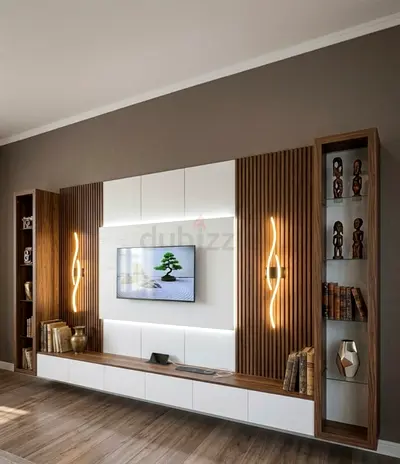 Modern wall-mounted entertainment center with shelving and LED lighting