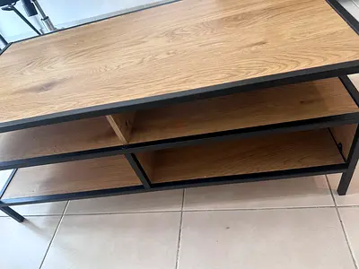 Solid coffee wood top table with shelf and metal black legs - flawless condition