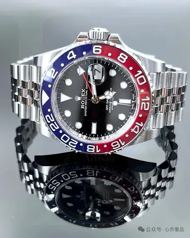This appears to be a Rolex GMT-Master II "Pepsi" with a Jubilee bracelet, featuring a distinctive re