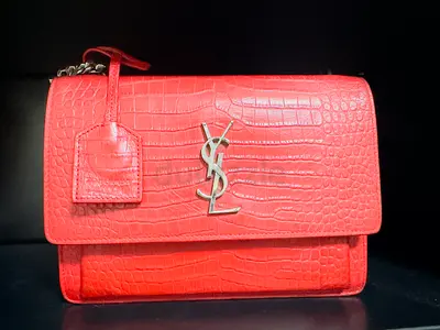 Preloved YSL- styleCroc-Embossed Leather medium Sunset Shoulder Bag