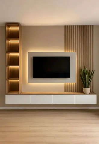 Modern wall-mounted entertainment unit with integrated shelving and LED lighting