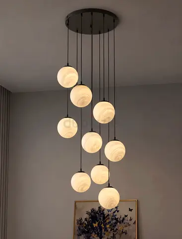 Modern Multi-Bulb Pendant Chandelier with Marble Glass Spheres