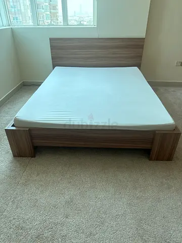 Queen size wooden platform bed frame with headboard with medical mattress- good condition