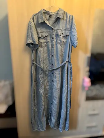 Light blue denim shirt dress with waist tie, size XL